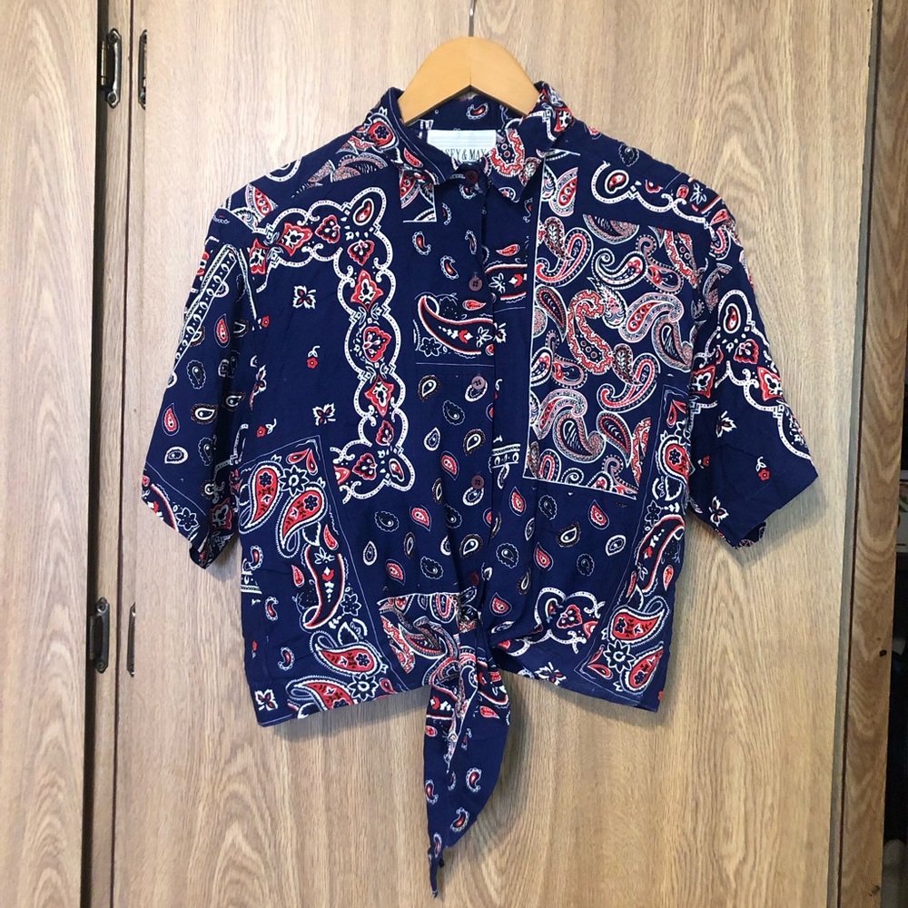 Vintage Western Paisley Blue Front Tie Top